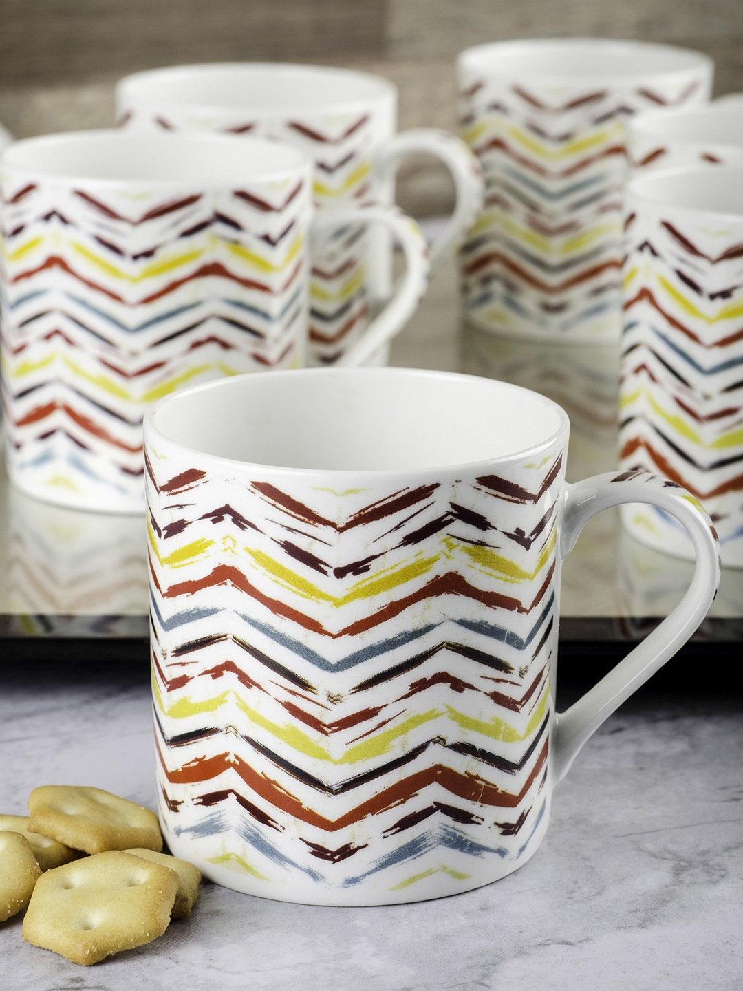 

GOODHOMES Set Of 6 White & Yellow Geometric Design Coffee Mugs