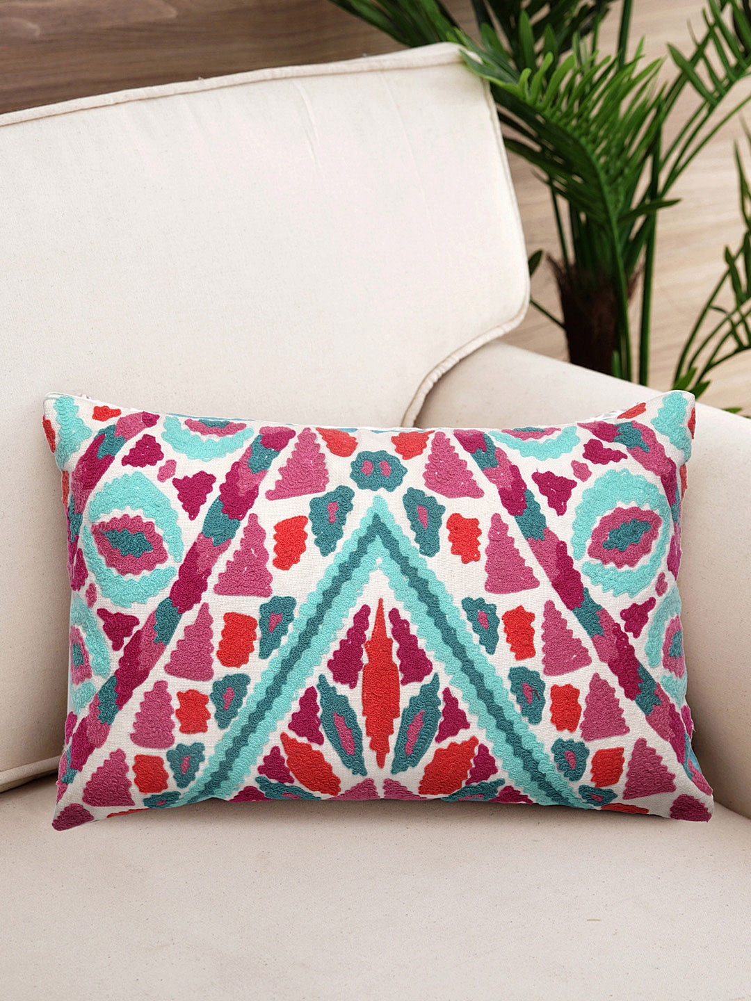 

NISRAG HOME Red & Turquoise Blue Single Aari Ethnic Motif Rectangle Cushion Cover