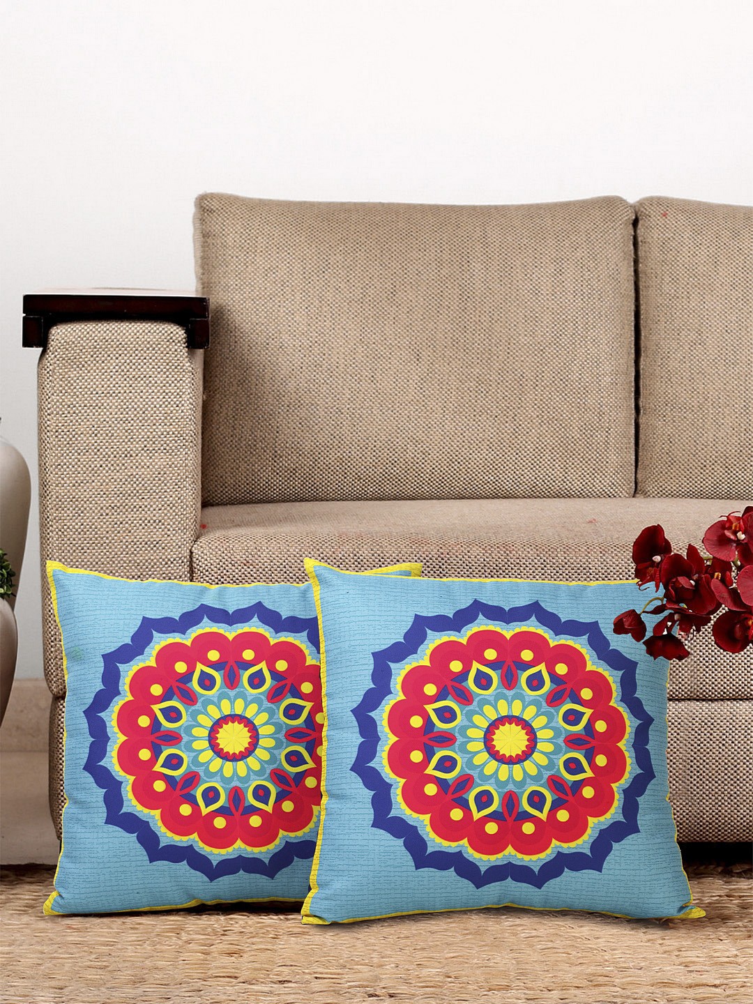 

NISRAG HOME Blue & Yellow Set of 2 Geometric Square Cushion Covers