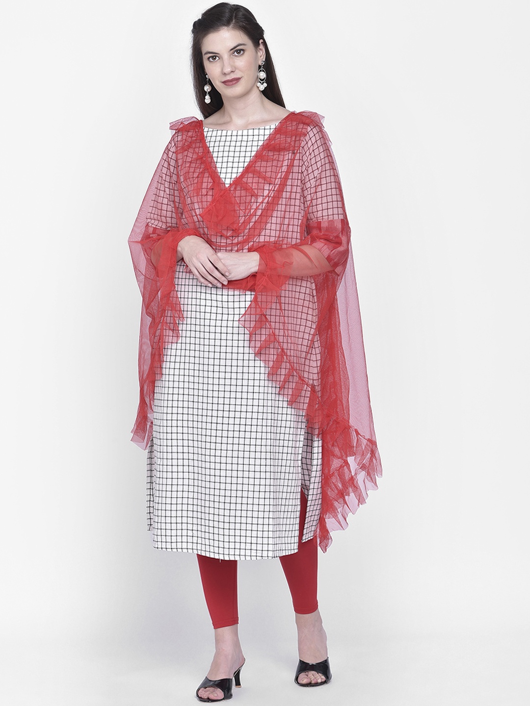 

Dupatta Bazaar Red Solid Net Ruffle Design Dupatta