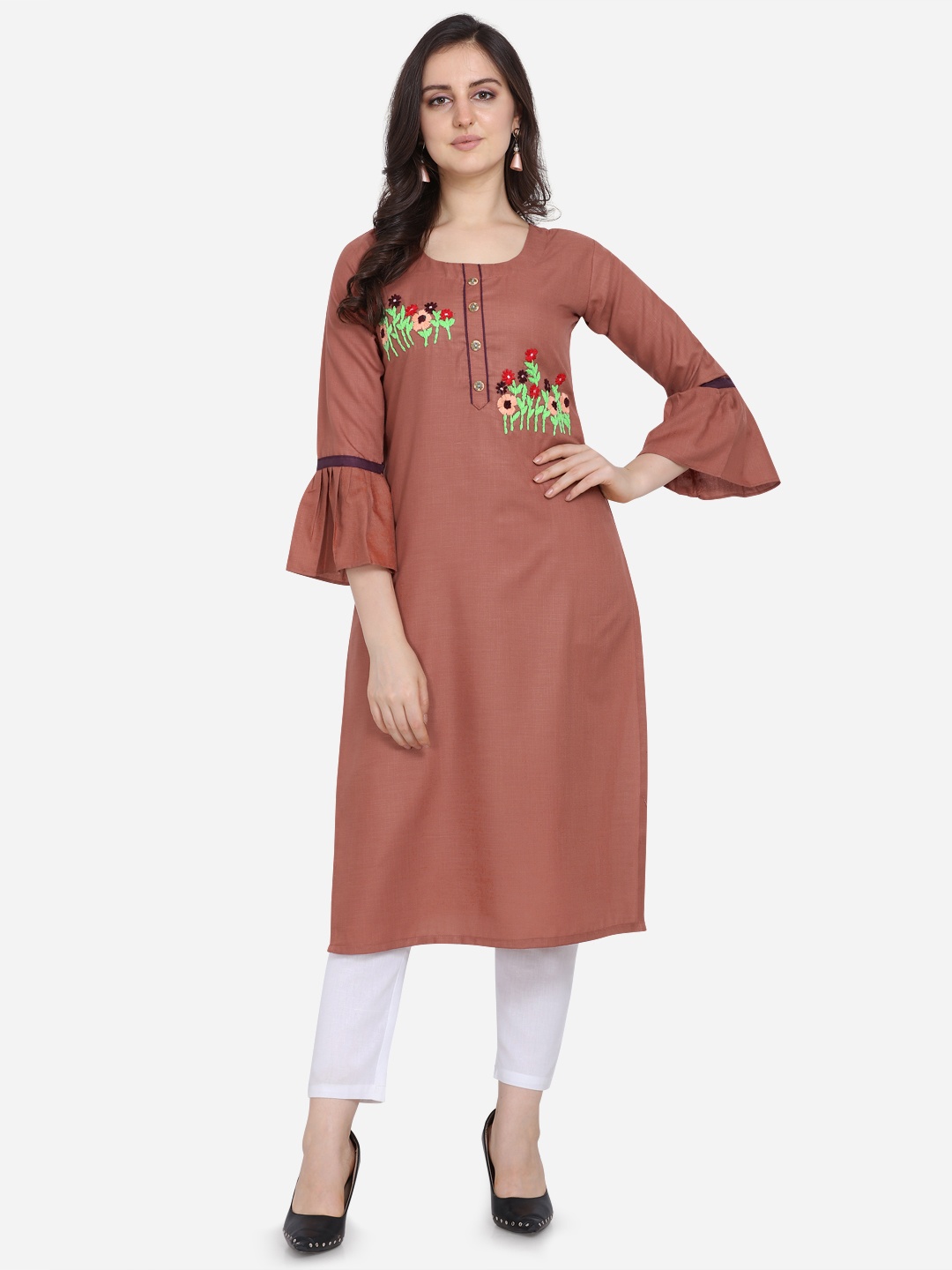 

Kvsfab Women Rust-Coloured Embroidered Straight Kurta