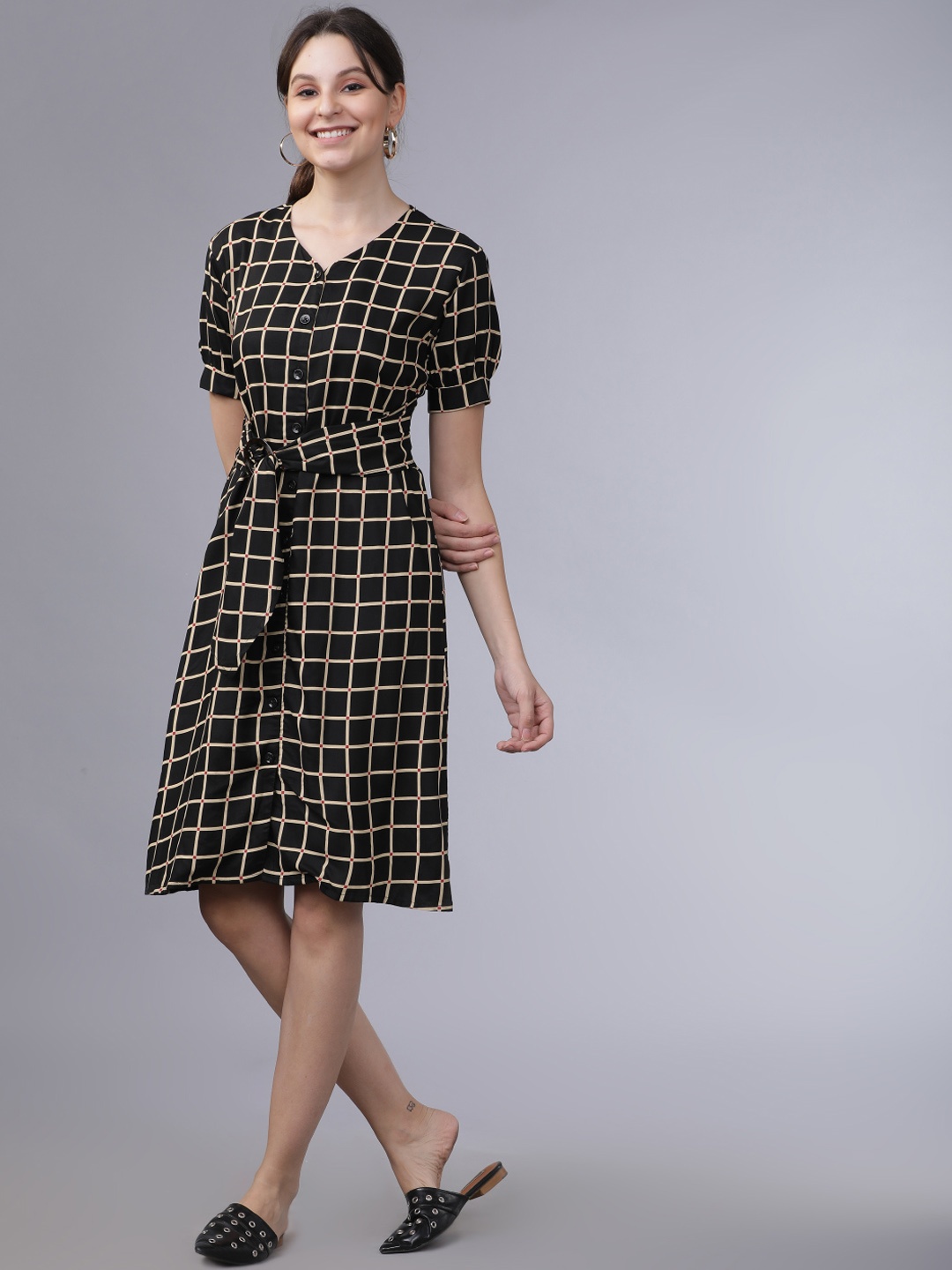 

Tokyo Talkies Women Black & Beige Checked A-Line Dress