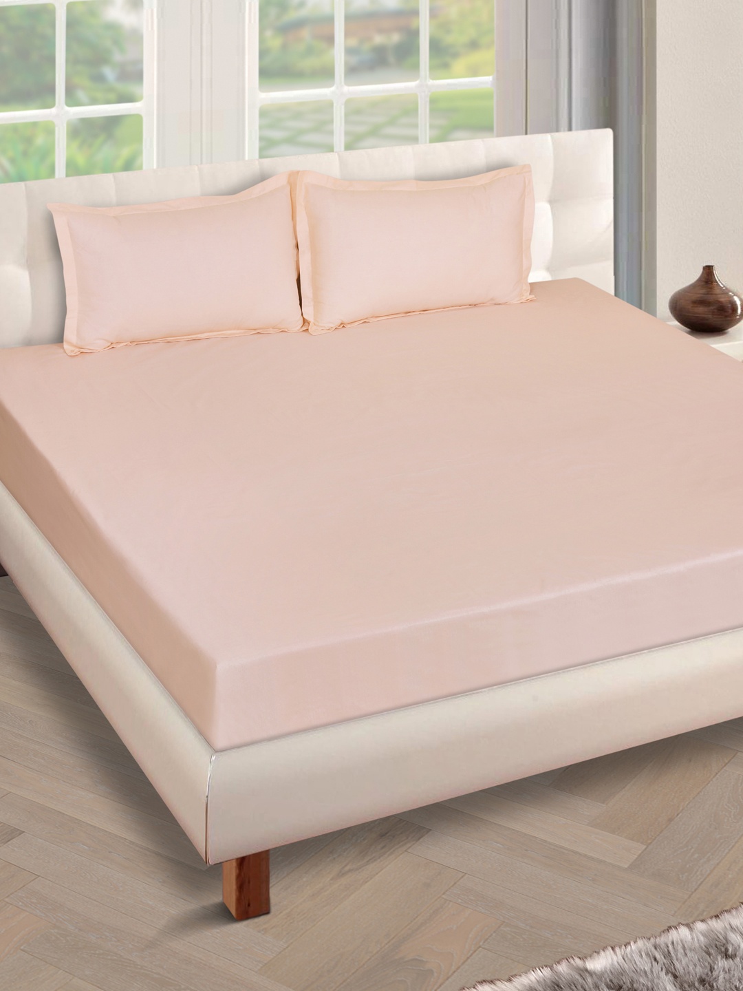 

ROMEE Peach-Coloured Solid 180 TC Cotton 1 Queen Bedsheet with 2 Pillow Covers
