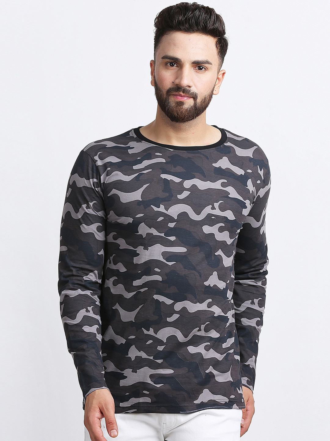 

Rodzen Men Grey Camouflage Print Round Neck T-shirt