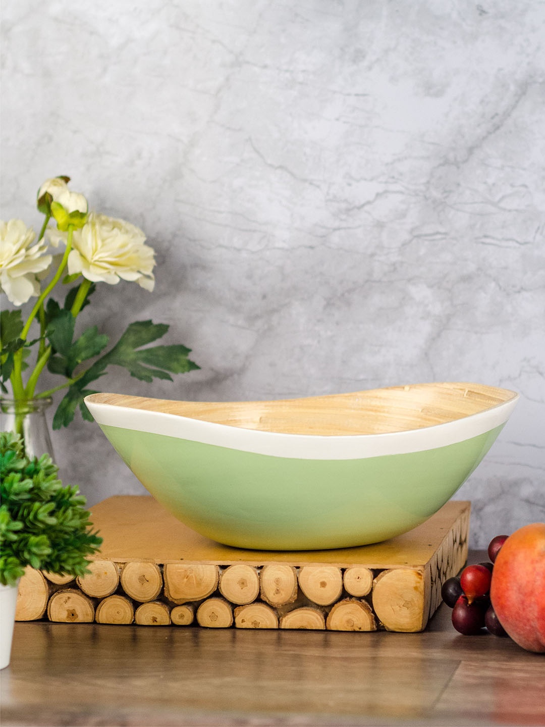 

GOODHOMES Green & White Printed Oval Bamboo Wood Bowl