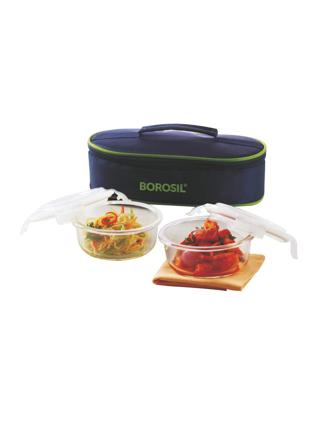 

BOROSIL Transparent & Blue Solid Borosilicate Glass 2 piece Lunch Box With Bag