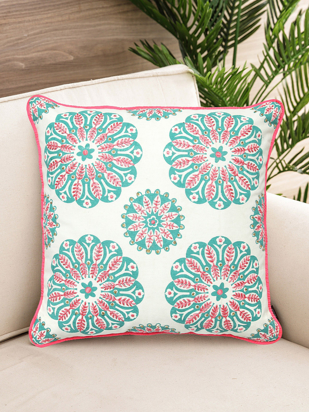 

NISRAG HOME Blue & Pink Floral Embroidered Embellished Square Cushion Cover