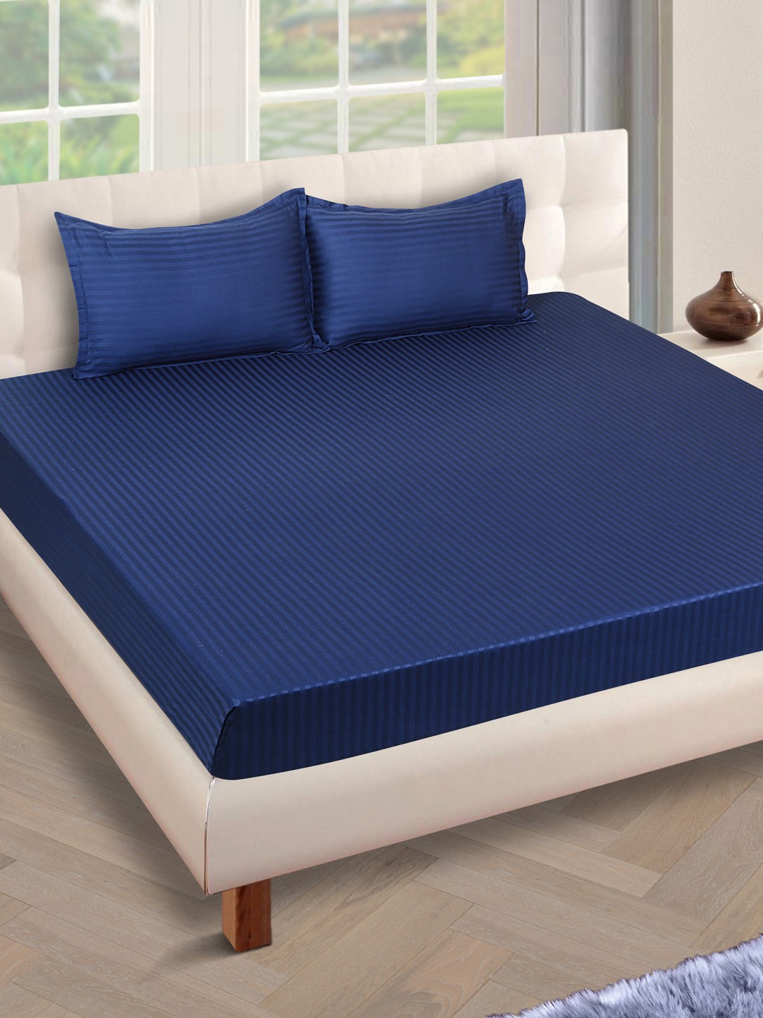 

ROMEE Blue Striped 250 TC Cotton 1 King Bedsheet with 2 Pillow Covers