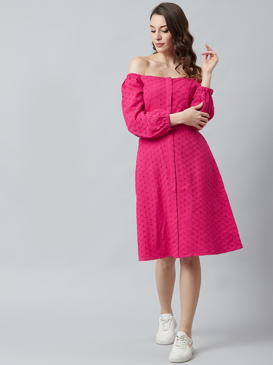 Athena Women Pink Self Design A-Line Dress
