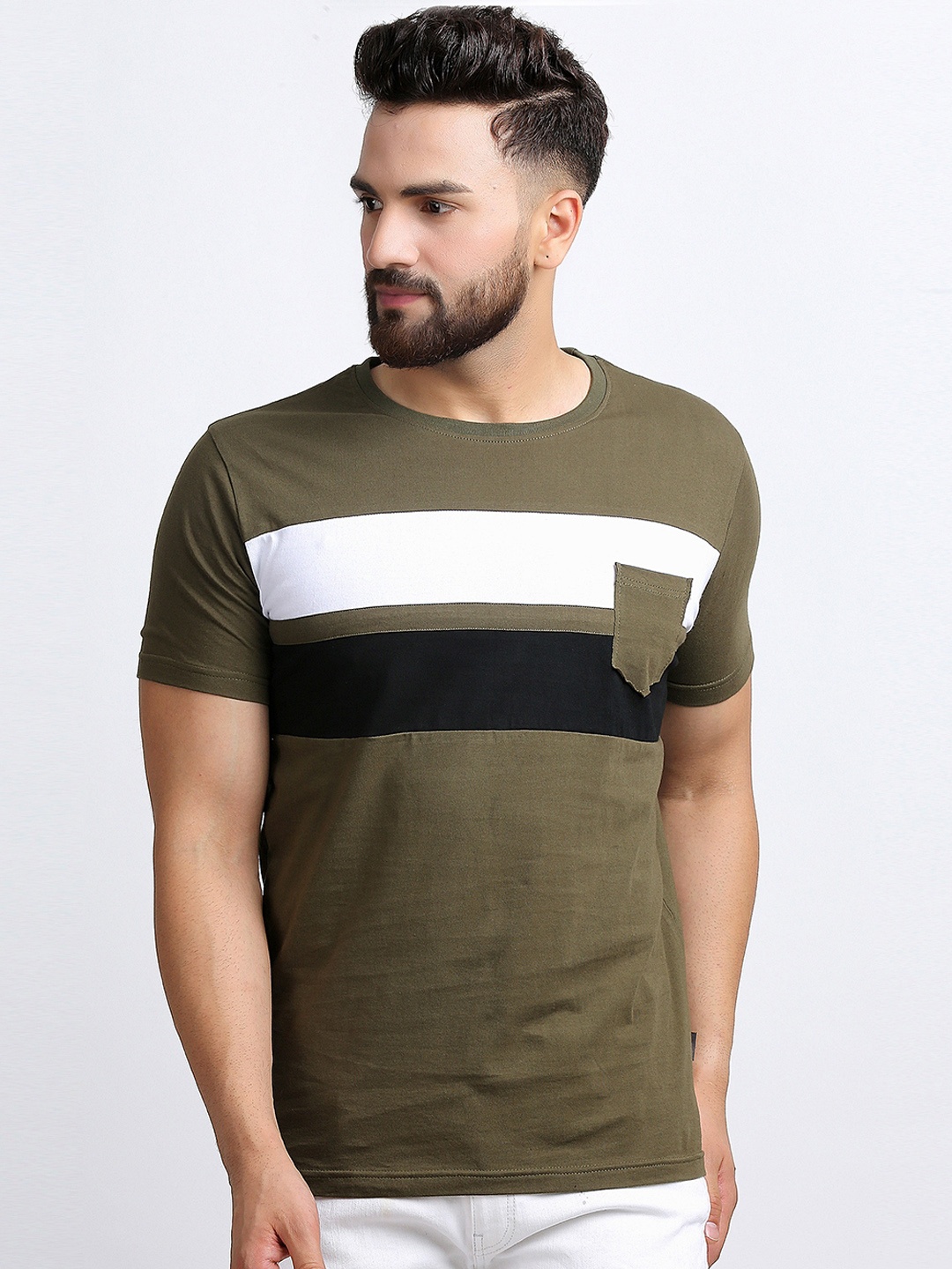 

Rodzen Men Olive Green & White Colourblocked Round Neck T-shirt