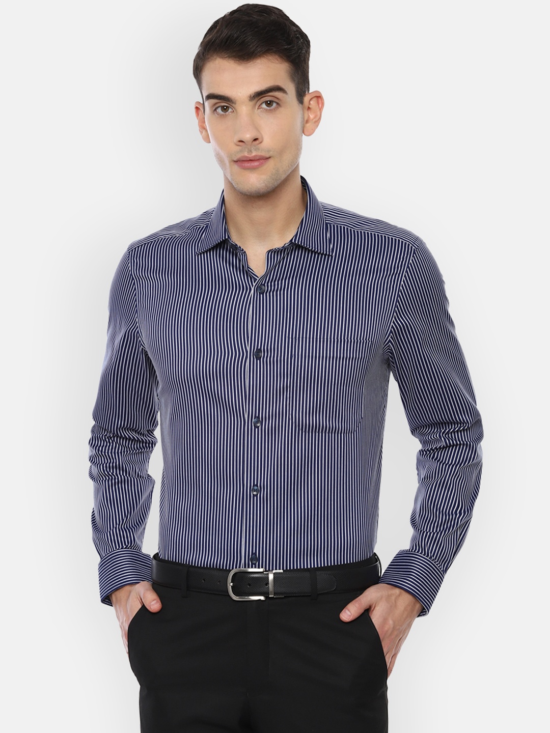 

Louis Philippe Men Navy Blue & White Regular Fit Striped Formal Shirt