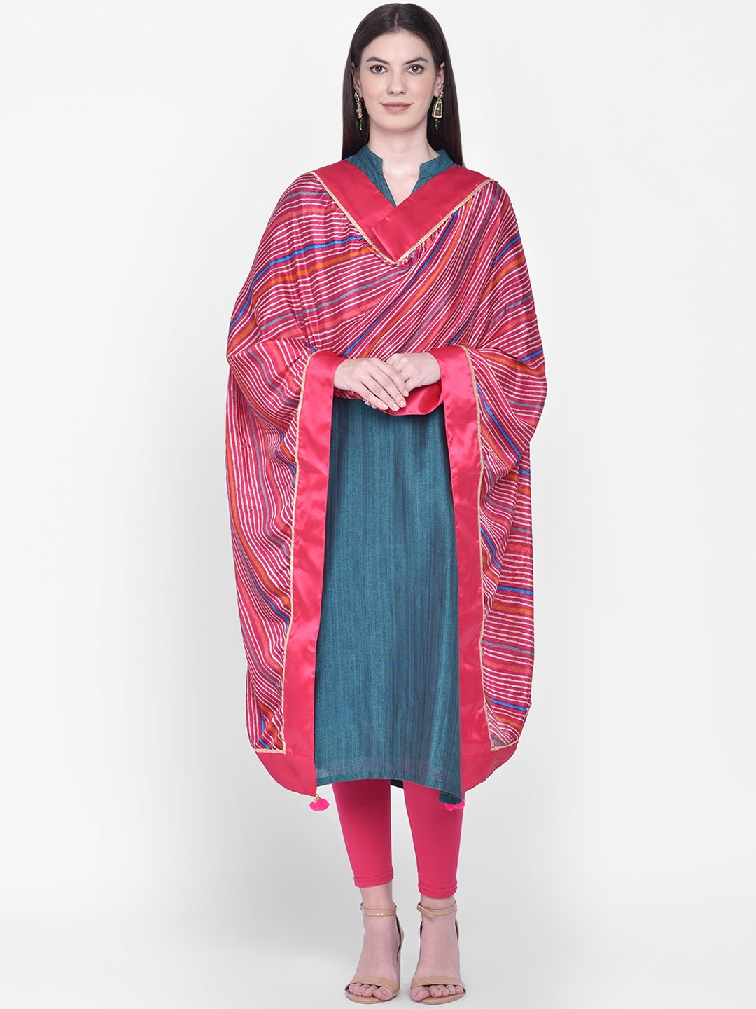 Dupatta Bazaar Pink & White Leheriya Printed Dupatta