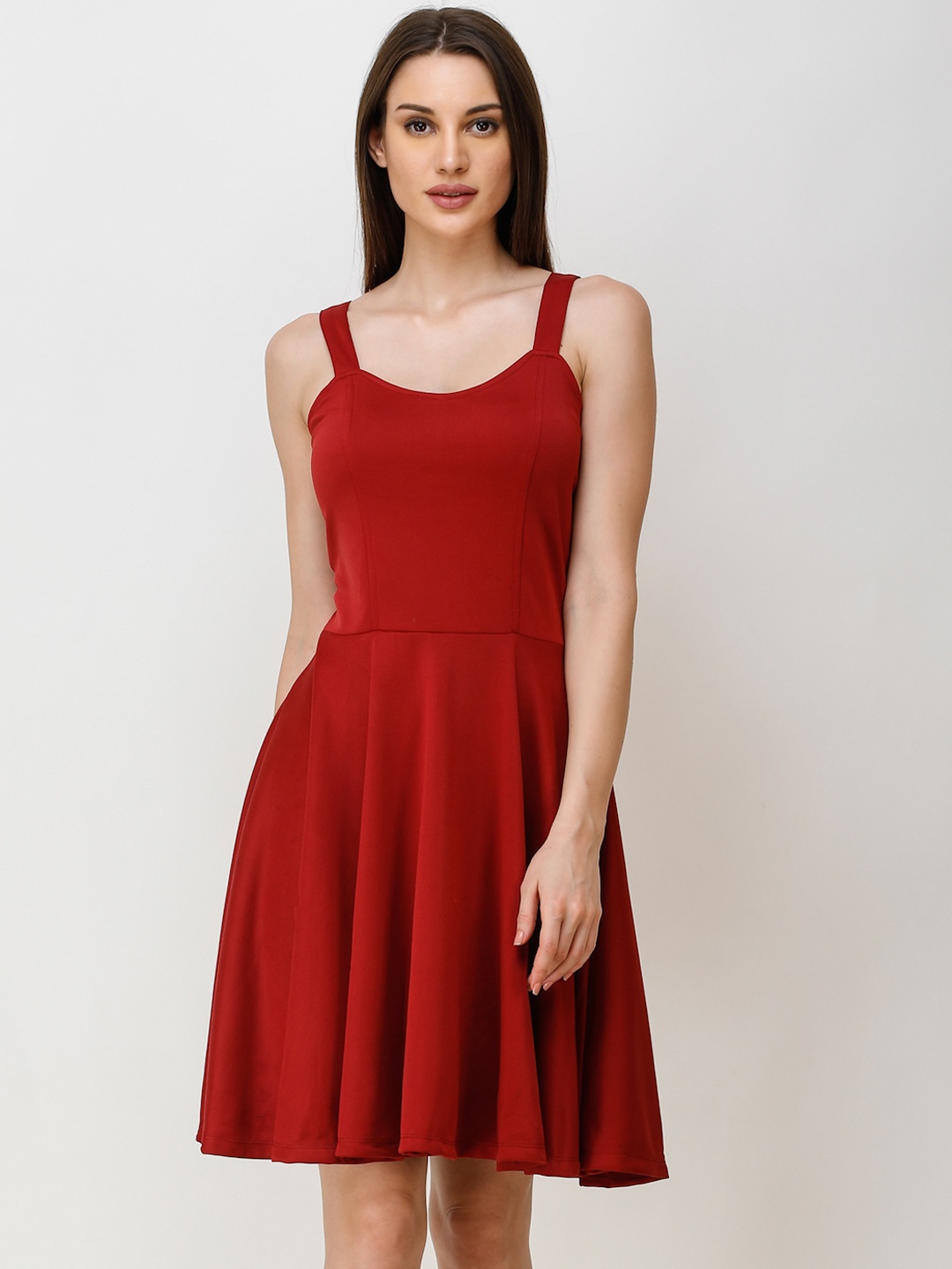 

SCORPIUS Women Maroon Solid Fit and Flare Styled Back Dress