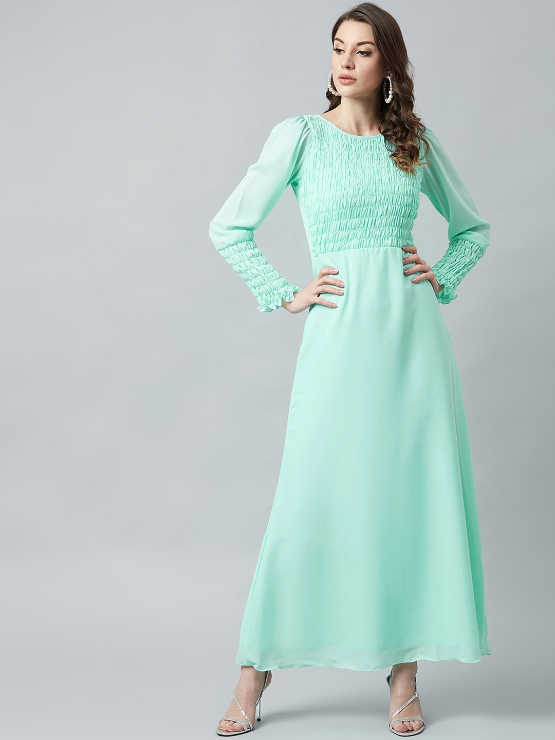 

Athena Women Sea Green Self Design Fit and Flare Dress