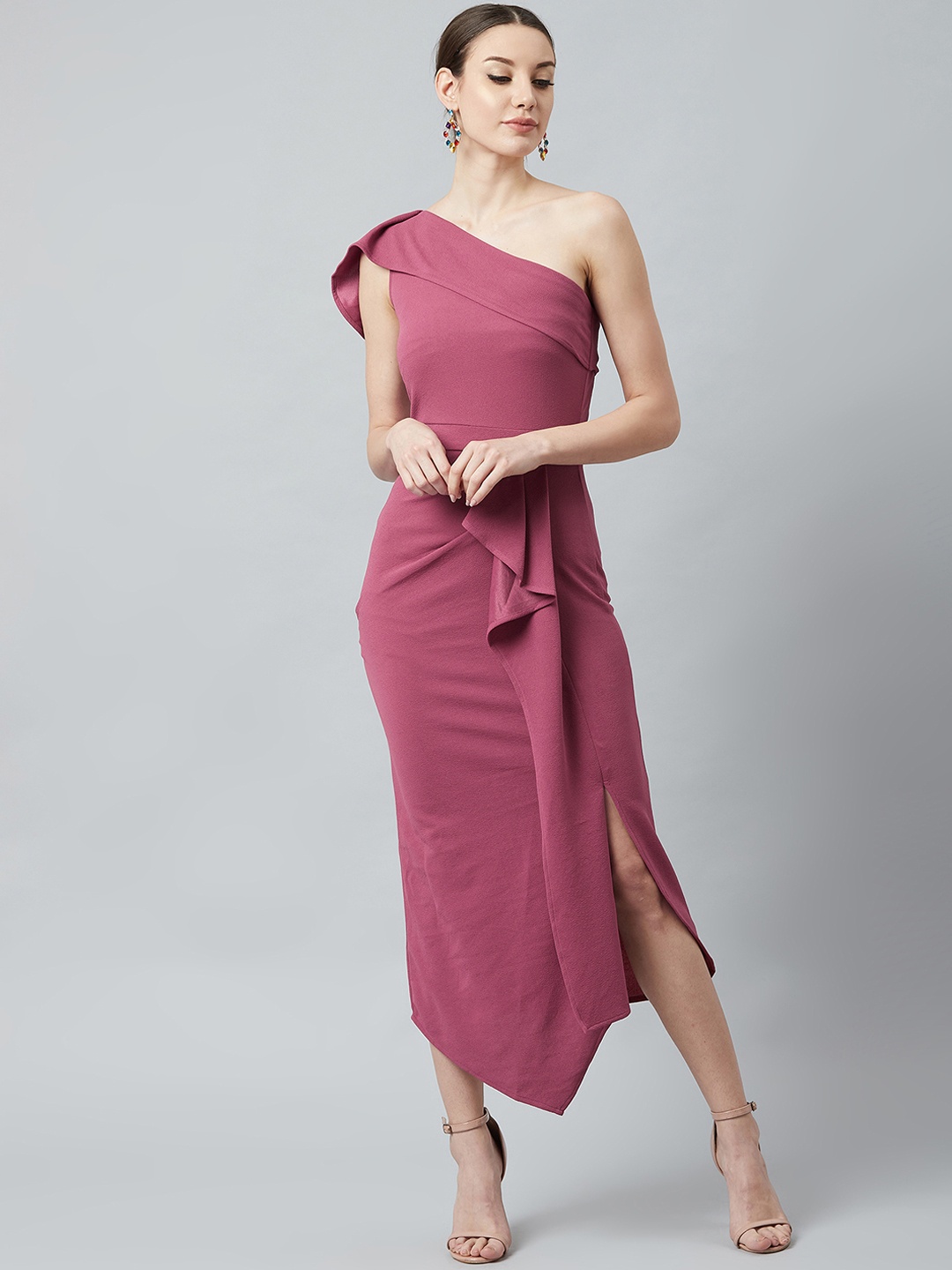 

Athena Women Mauve Solid Fit and Flare Dress