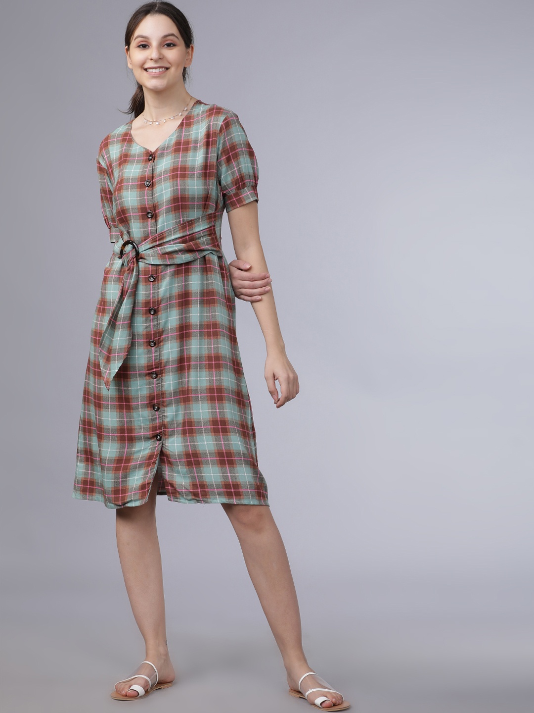 

Tokyo Talkies Women Green Checked Shirt Dress