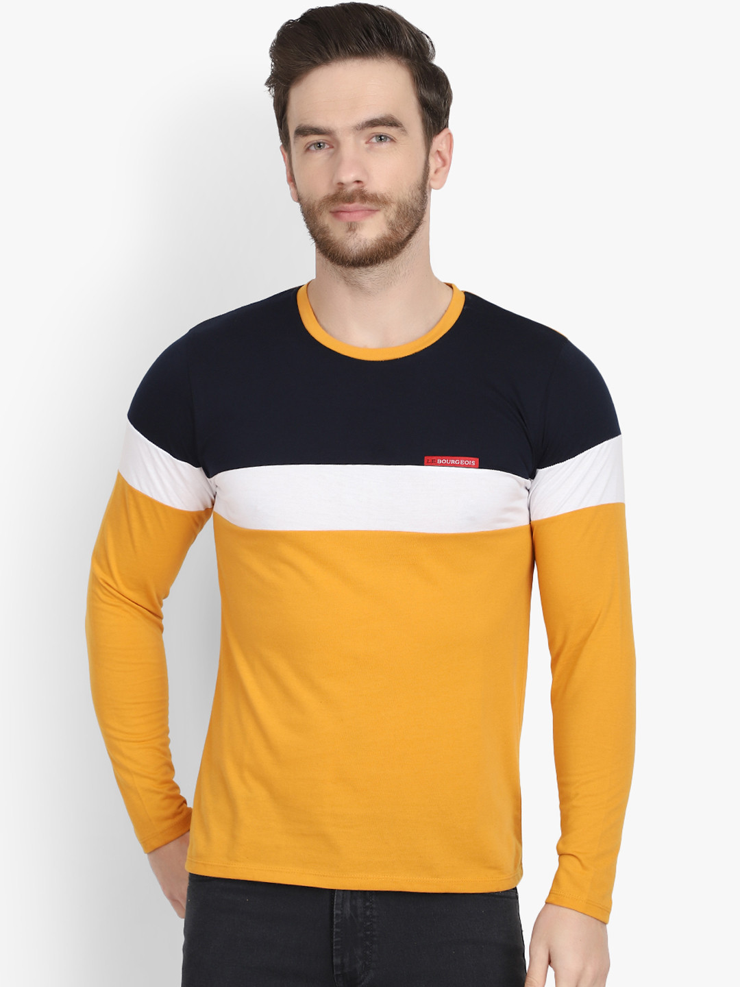 

LE BOURGEOIS Men Yellow & Navy Blue Colourblocked Round Neck T-shirt