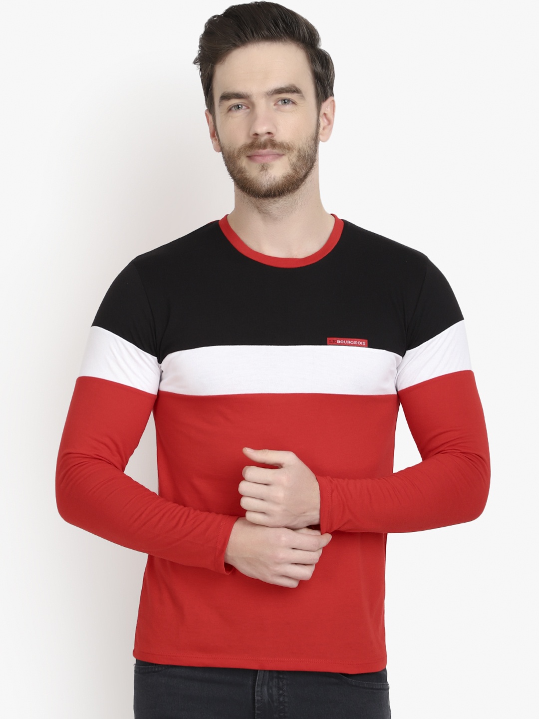 

LE BOURGEOIS Men Red & Black Colourblocked Round Neck T-shirt