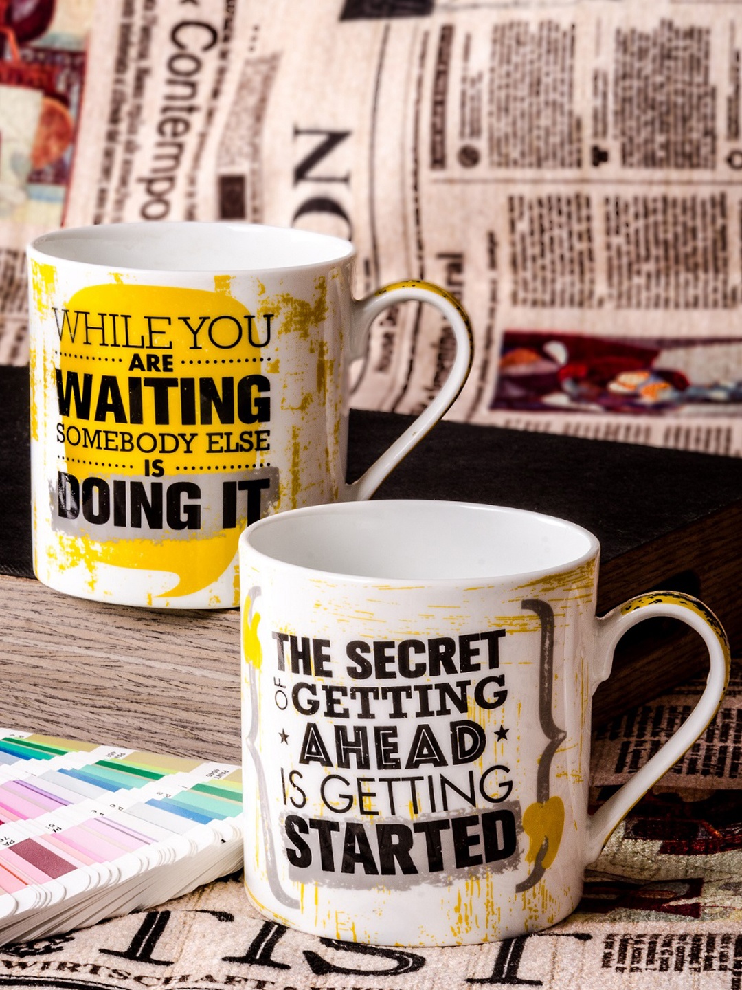GOODHOMES Set Of 2 White & Yellow Printed Bone China Mugs