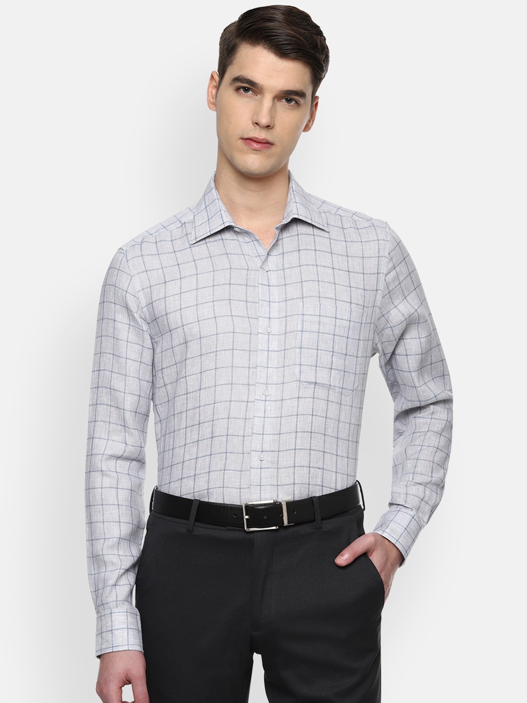

Louis Philippe Men Grey & Blue Regular Fit Checked Formal Linen Shirt