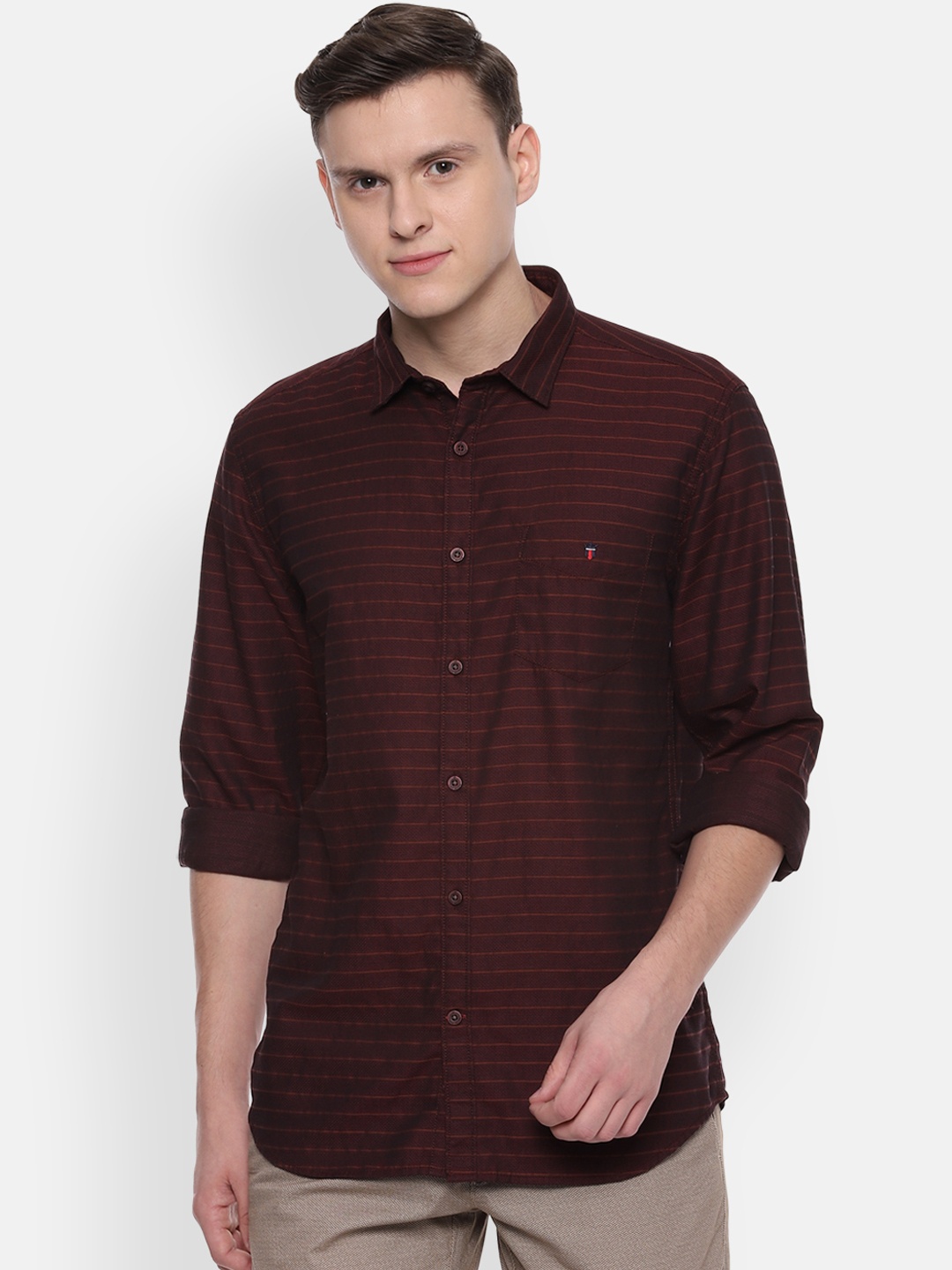 

Louis Philippe Sport Men Maroon & Black Slim Fit Striped Casual Shirt
