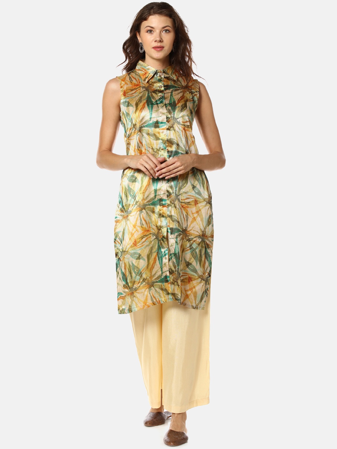 

Instafab Women Gold & Green Floral Print Straight Kurta