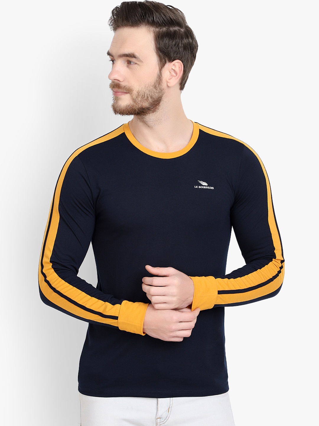 

LE BOURGEOIS Men Navy Blue & Yellow Colourblocked Round Neck T-shirt