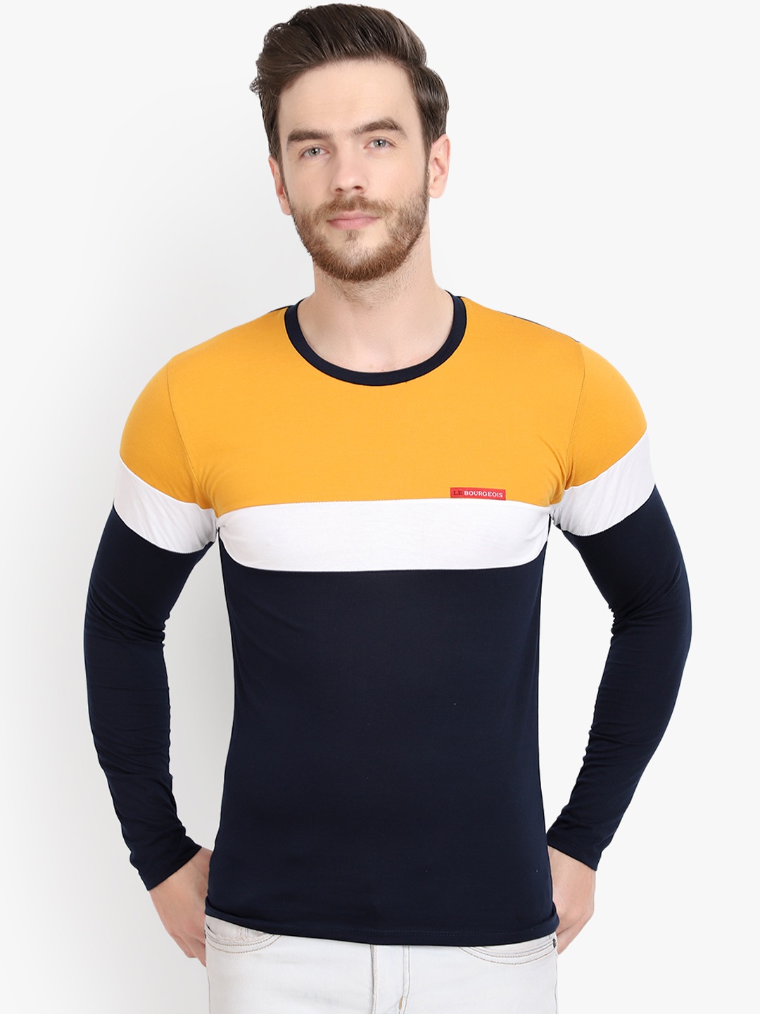 

LE BOURGEOIS Men Navy Blue Colourblocked Round Neck T-shirt