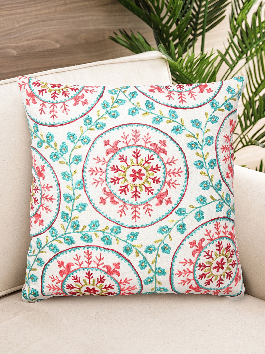

NISRAG HOME White & Turquoise Blue Single Floral Square Cushion Cover