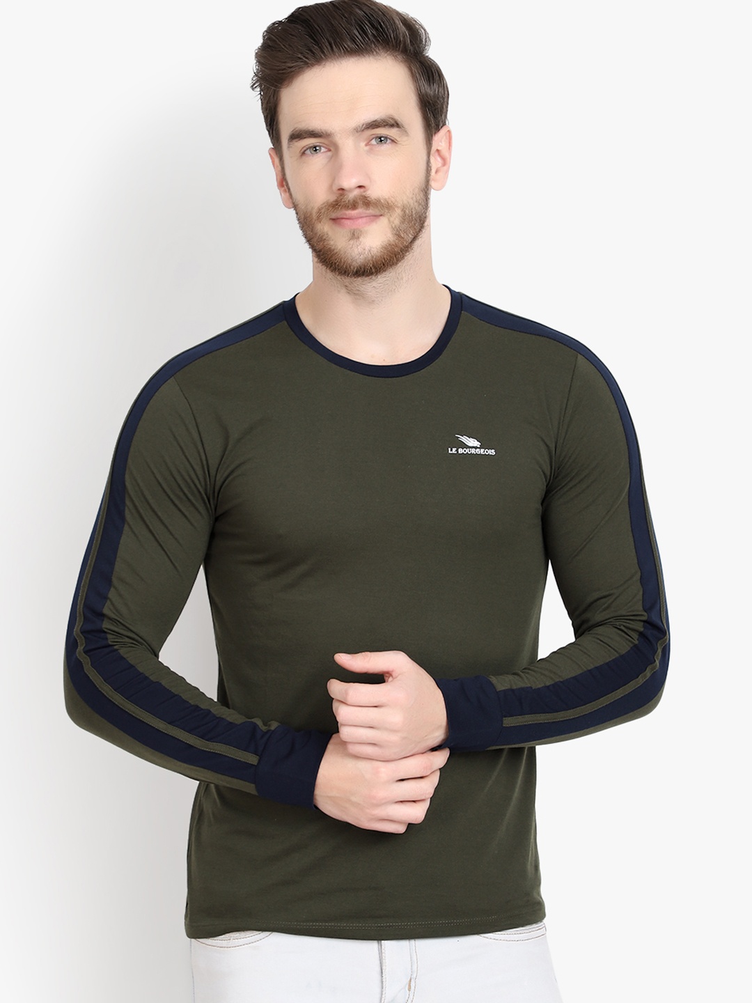 

LE BOURGEOIS Men Olive Green & Navy Blue Colorblocked Round Neck T-shirt