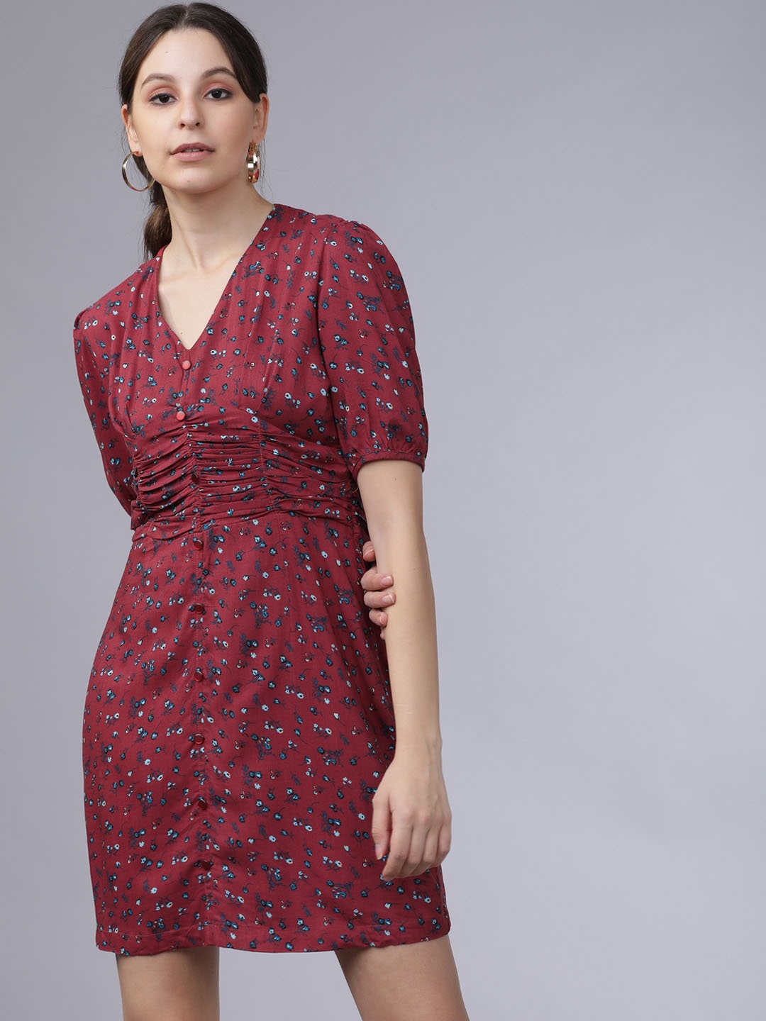

Tokyo Talkies Women Maroon & Blue Floral Printed Empire Dress