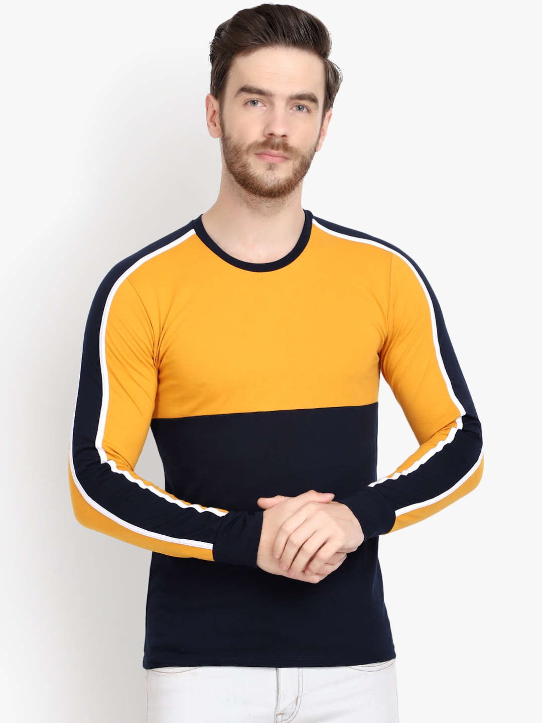 

LE BOURGEOIS Men Yellow& Navy Blue Colourblocked Round Neck T-shirt