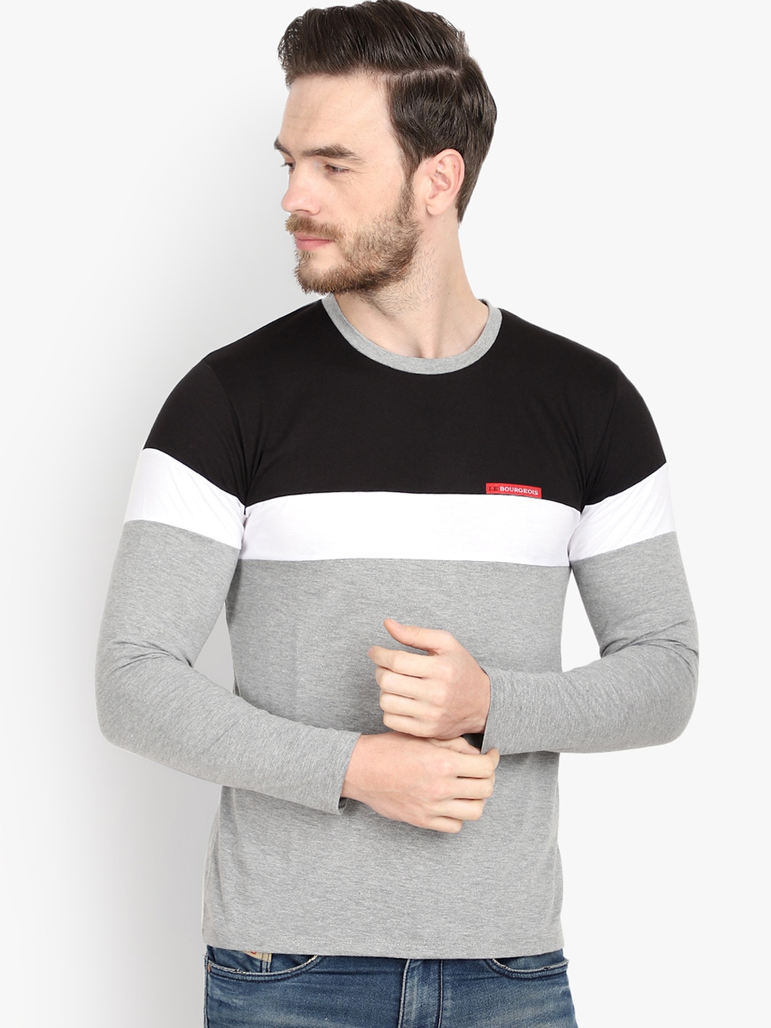 LE BOURGEOIS Men Grey Colourblocked Round Neck T-shirt