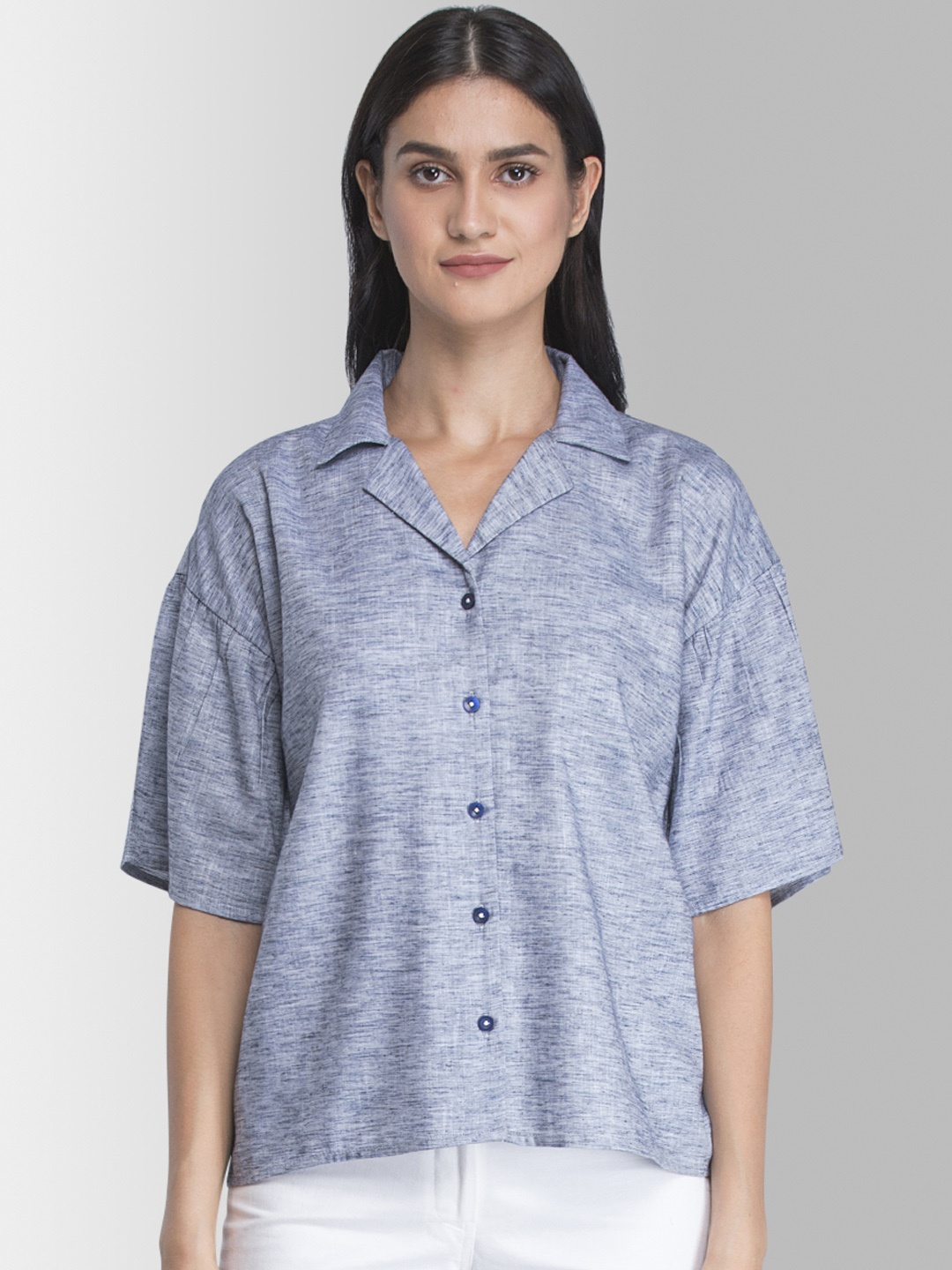 

FableStreet Women Blue Boxy Solid Casual Shirt