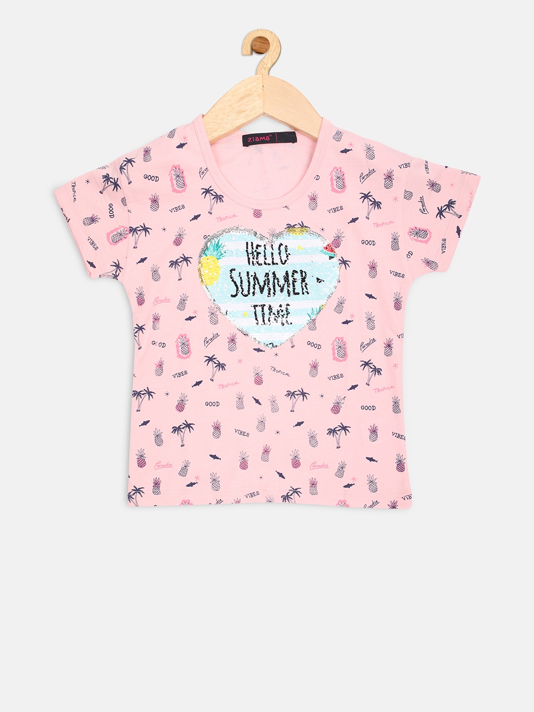 Ziama Girls Pink Printed Round Neck T-shirt