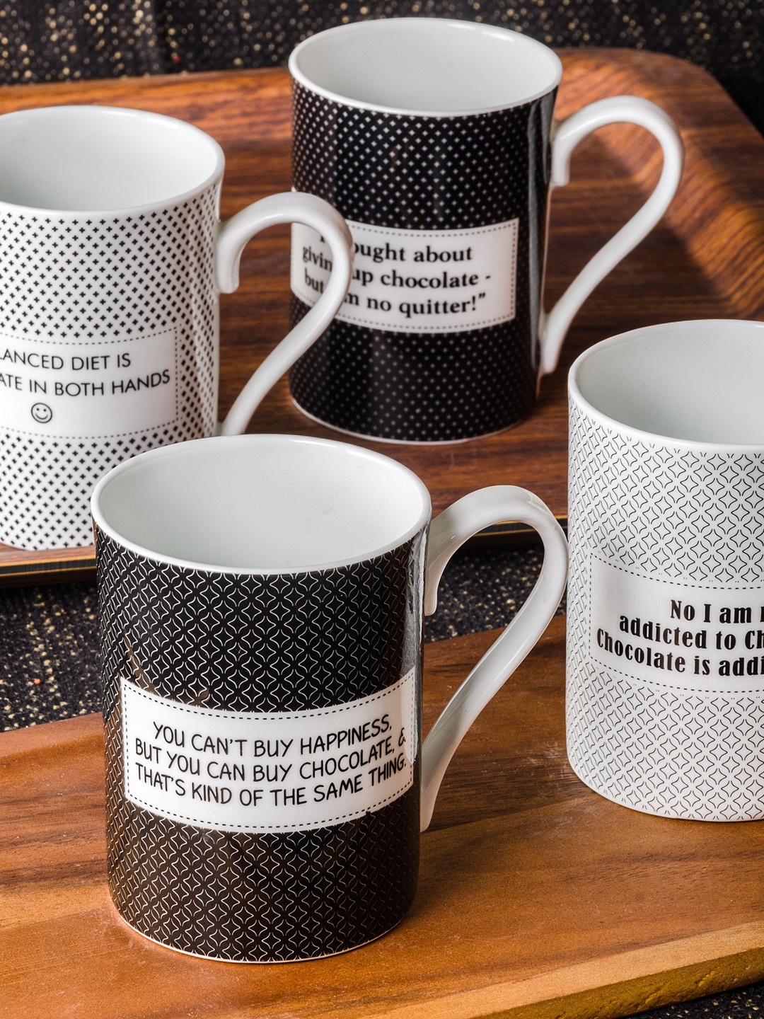 

GOODHOMES 4 Pcs White & Black Printed Bone China Coffee Mug Set