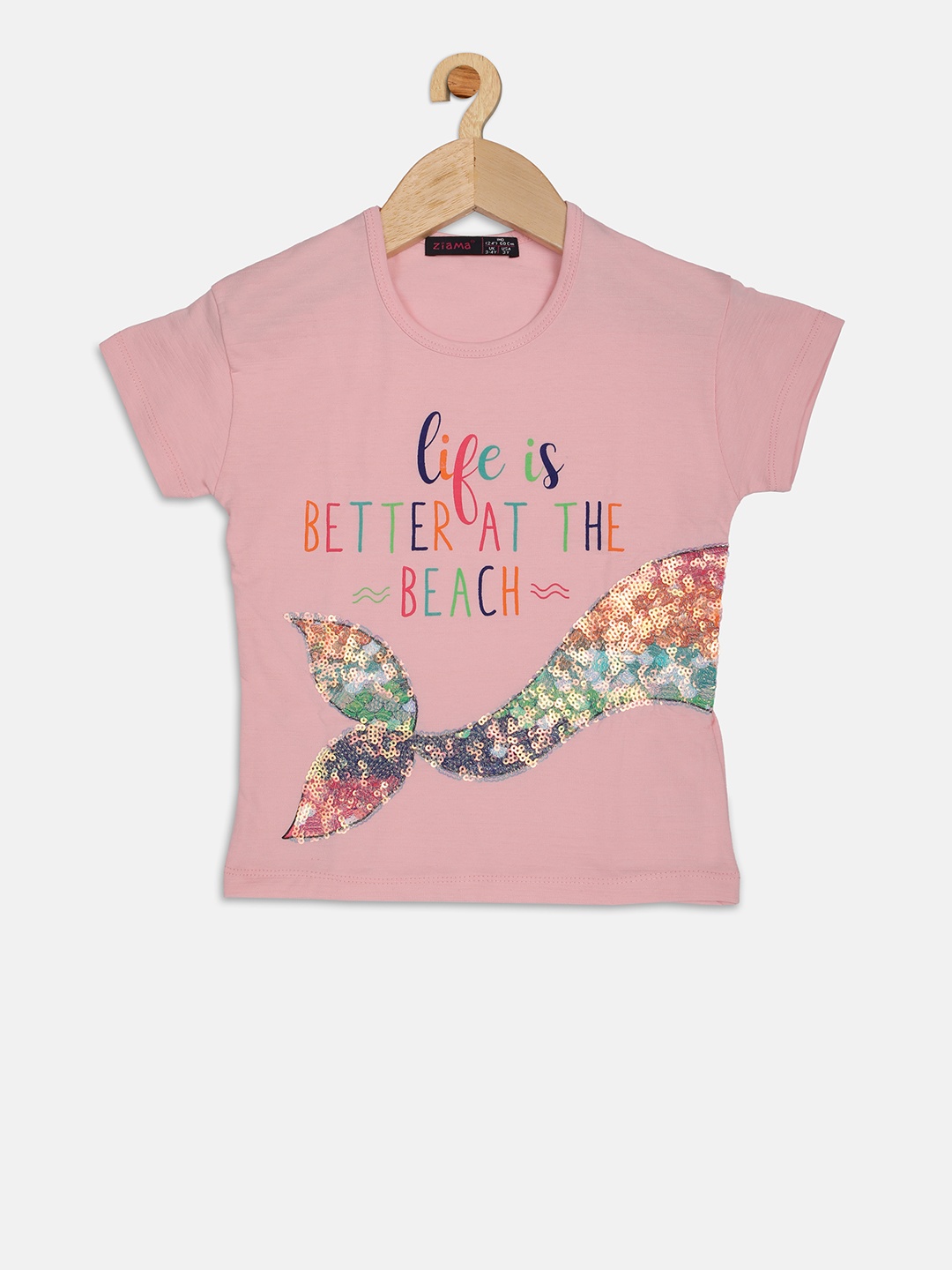 

Ziama Girls Pink Sequin Embellished Round Neck Cotton T-shirt