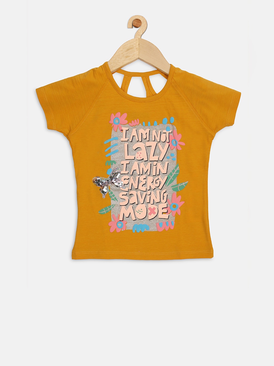 

Ziama Girls Mustard Yellow Printed Styled Back Top