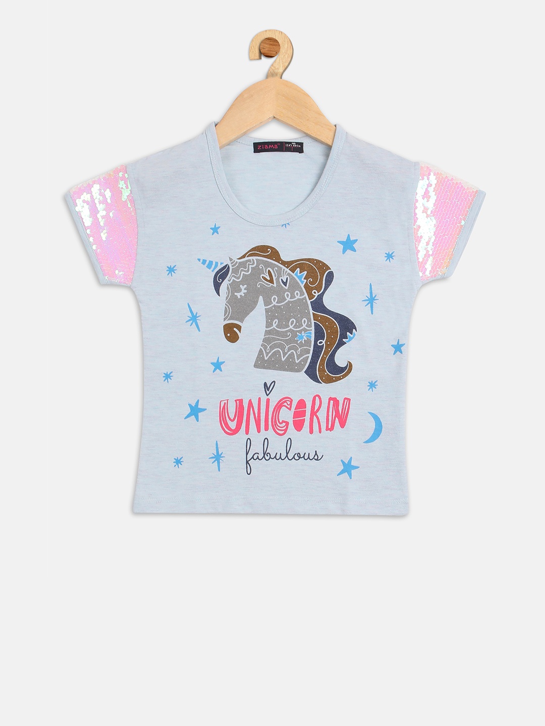 

Ziama Girls Blue Sequin Embellished Round Neck T-shirt
