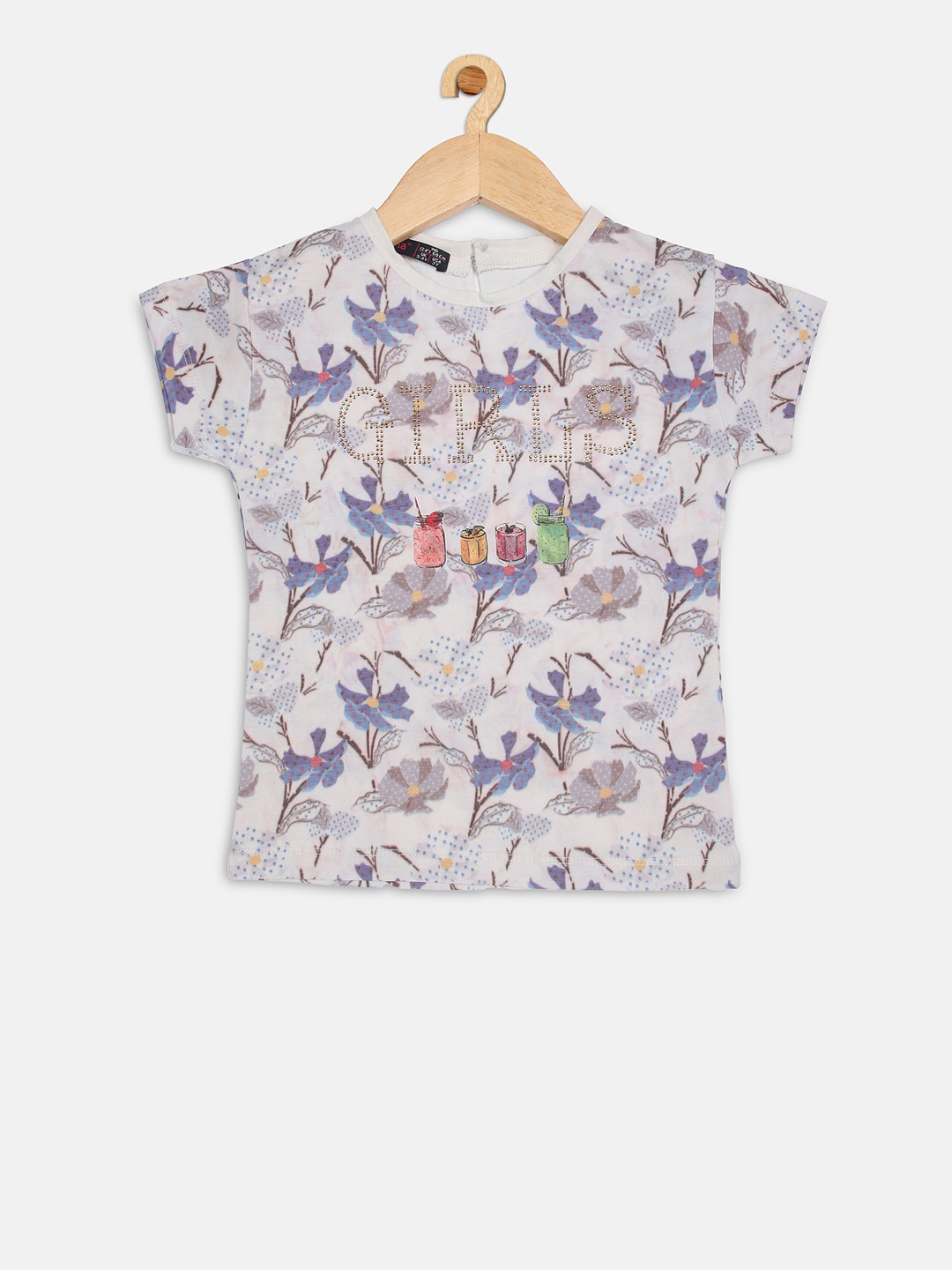 

Ziama Girls White & Blue Floral Print Top With Embellishments