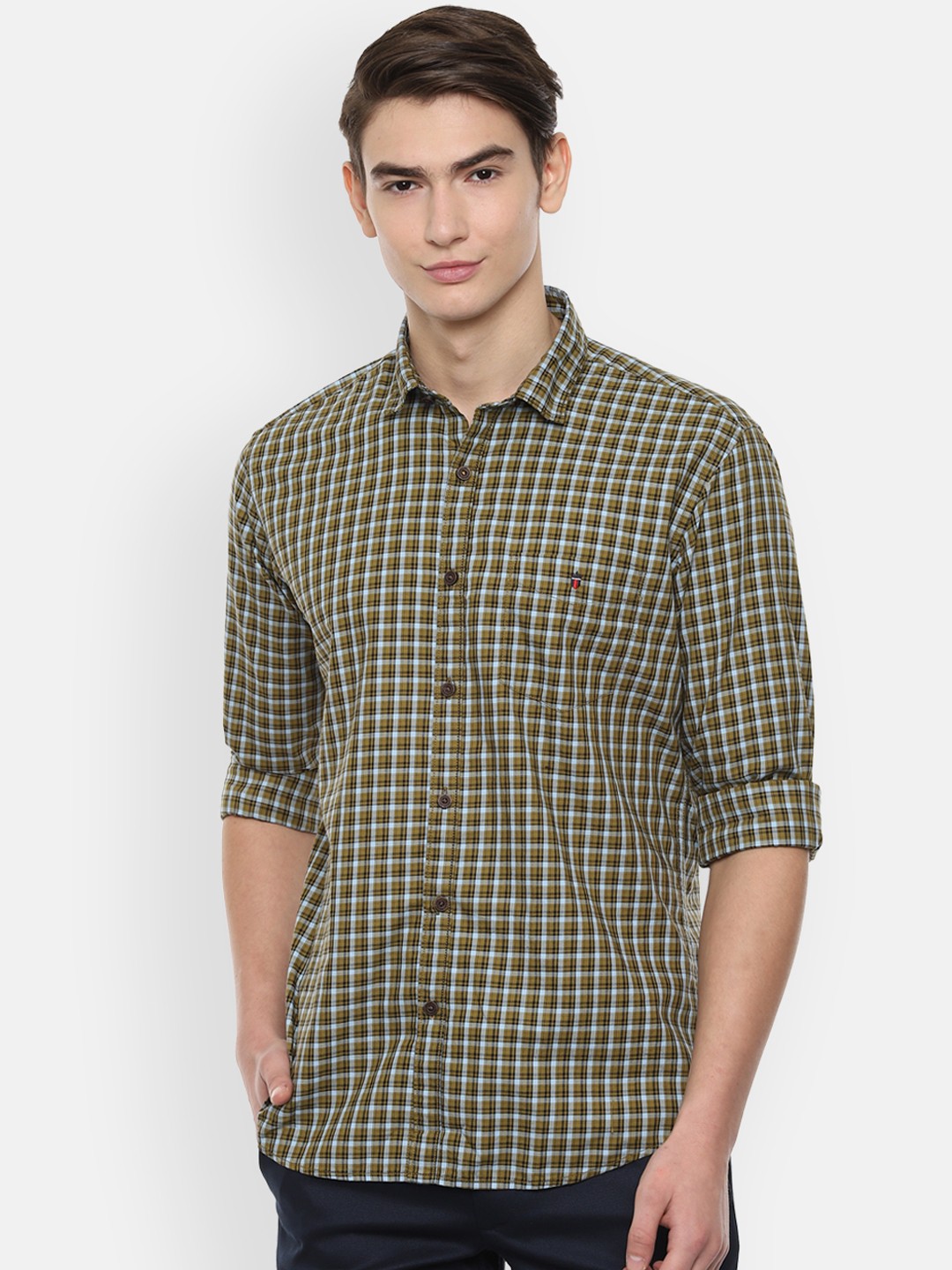 

Louis Philippe Sport Men Olive Green & Blue Slim Fit Checked Casual Shirt