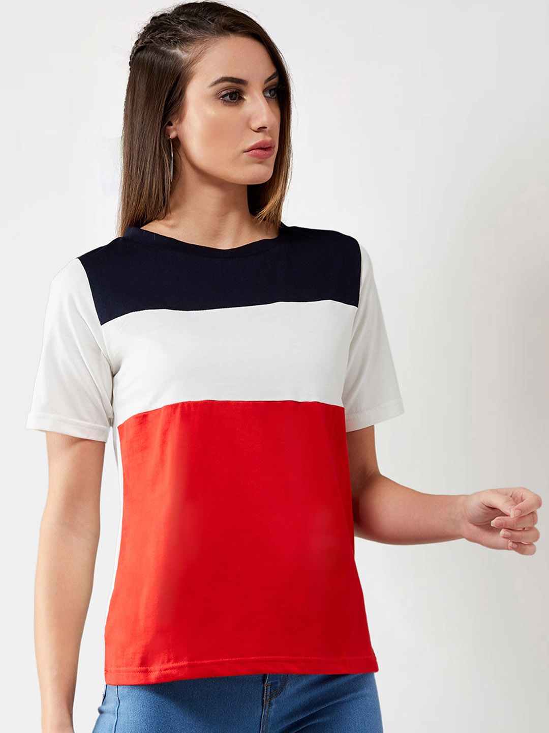 

Miss Chase Women White & Red Colourblocked Round Neck T-shirt