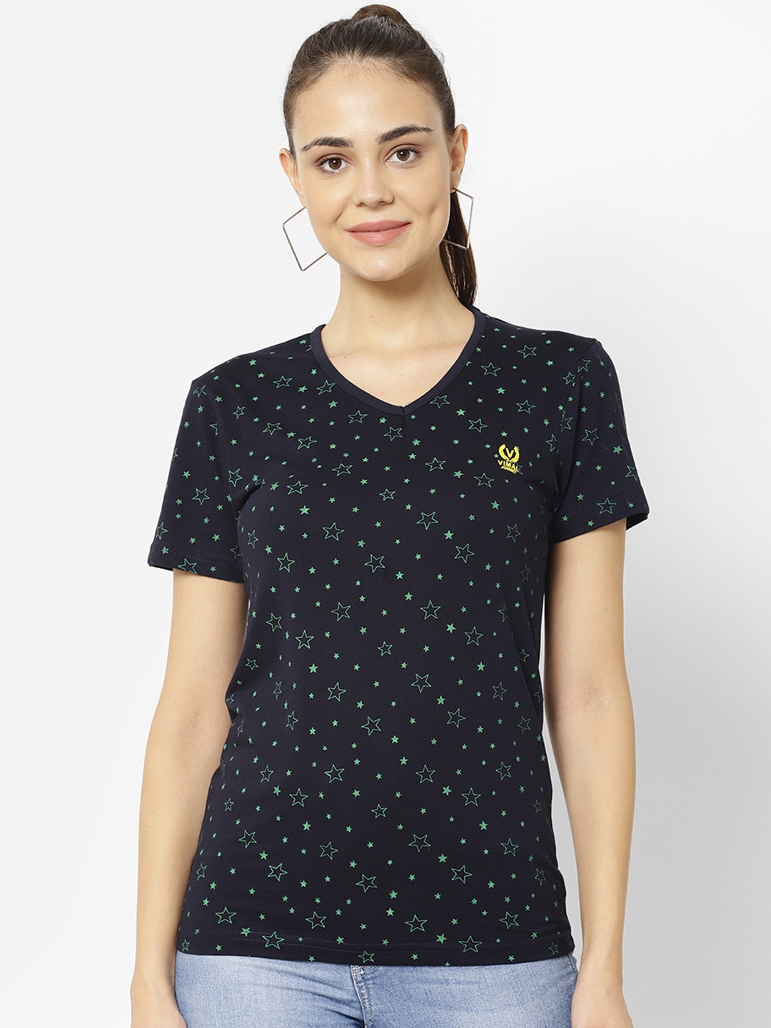 

MACK JONNEY Women Navy Blue & Green Printed V-Neck T-shirt