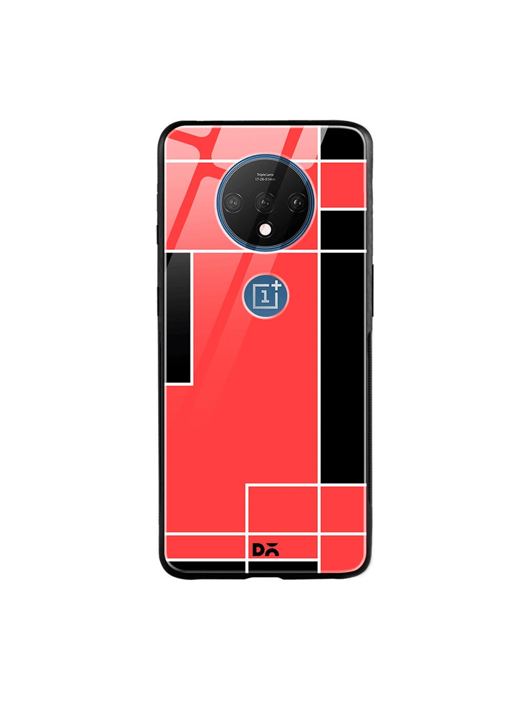 DailyObjects Coral-Coloured & Black Blocks OnePlus 7T Glass Case