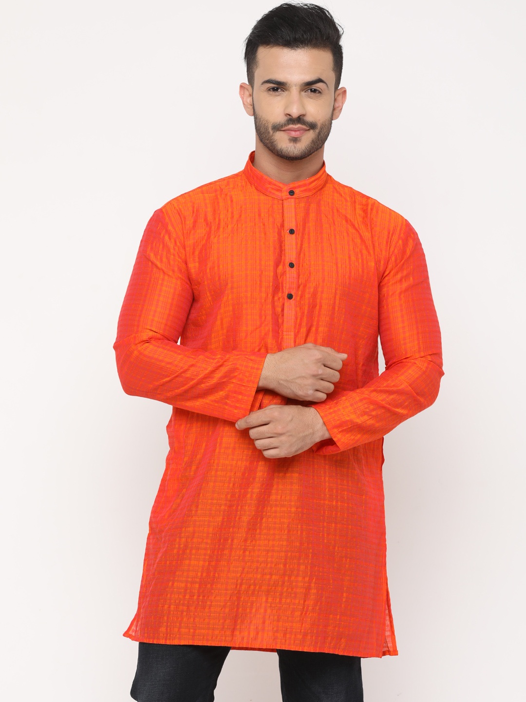 

SHOWOFF Men Orange Woven Design Straight Kurta