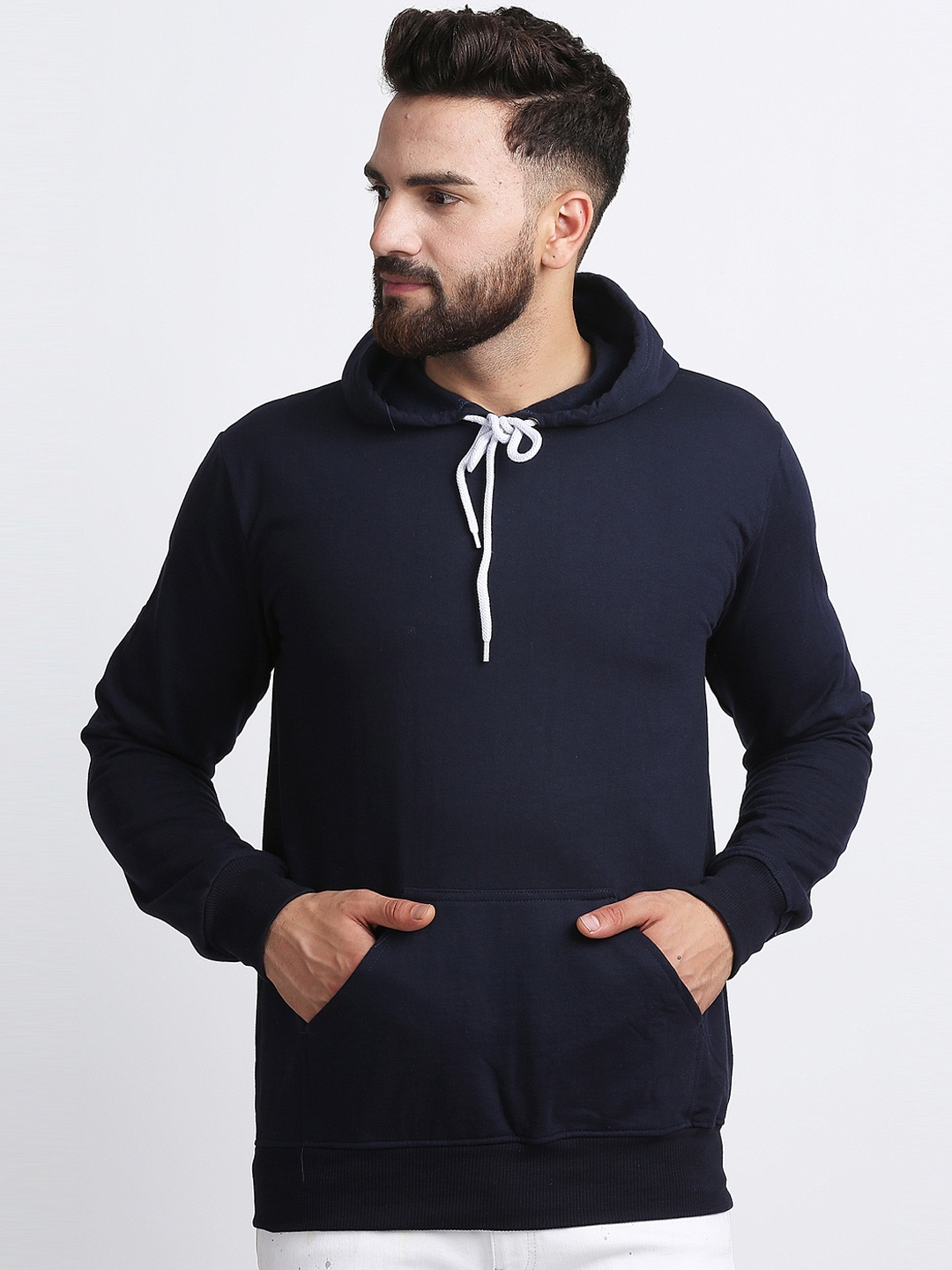 

Rodzen Men Navy Blue Solid Hooded Sweatshirt