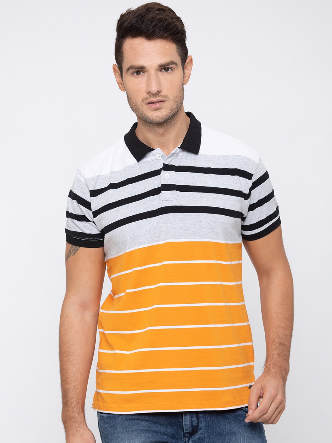 

Globus Men Orange & White Striped Polo Collar T-shirt