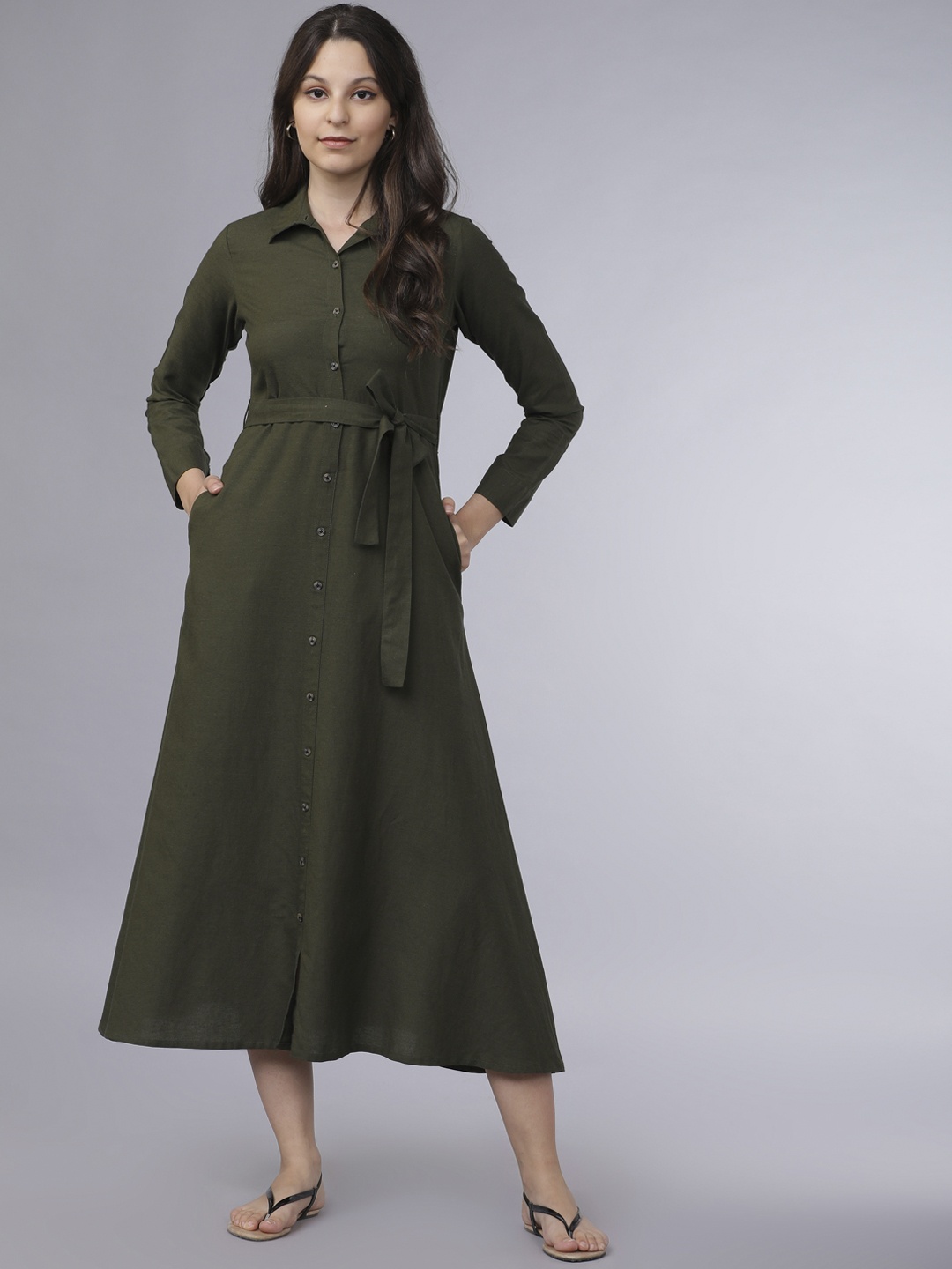 

Basics By Tokyo Talkies Women Olive Green Solid Shirt Dress