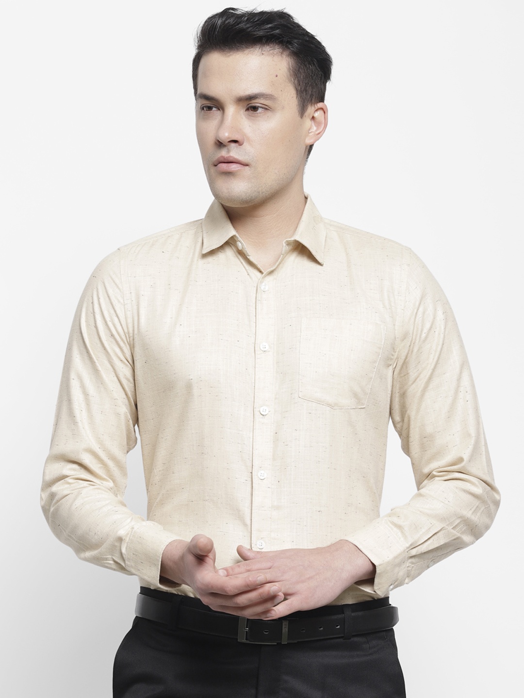 

cape canary Men Beige Regular Fit Solid Formal Shirt