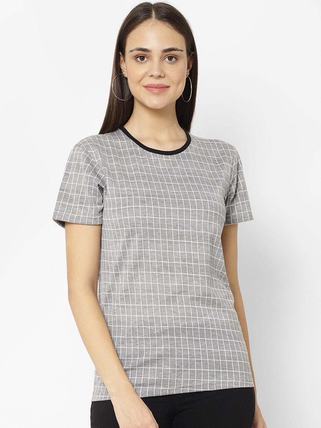 

VIMAL JONNEY Women Grey Melange & White Checked Round Neck T-shirt